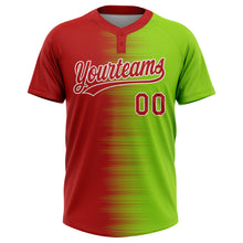 Laden Sie das Bild in den Galerie-Viewer, Custom Neon Green Red-White Gradient Horizontal Stripe Two-Button Unisex Softball Jersey
