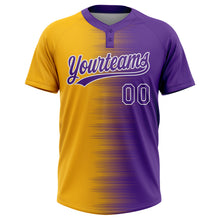 Загрузить изображение в средство просмотра галереи, Custom Gold Purple-White Gradient Horizontal Stripe Two-Button Unisex Softball Jersey
