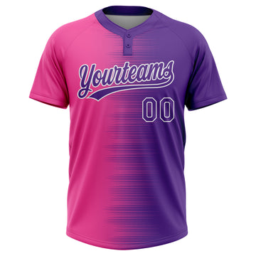 Custom Pink Purple-White Gradient Horizontal Stripe Two-Button Unisex Softball Jersey