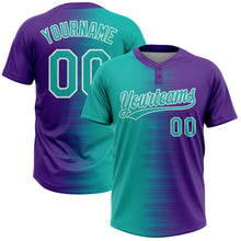 Laden Sie das Bild in den Galerie-Viewer, Custom Aqua Purple-White Gradient Horizontal Stripe Two-Button Unisex Softball Jersey
