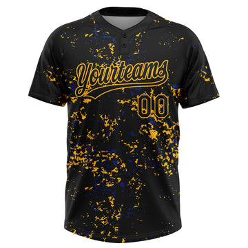 Custom Black Gold-Royal Abstract Shattered Paint Splatter Two-Button Unisex Softball Jersey
