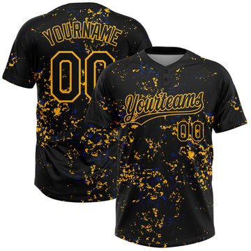 Custom Black Gold-Royal Abstract Shattered Paint Splatter Two-Button Unisex Softball Jersey