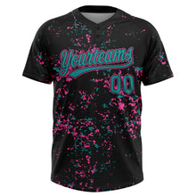 Laden Sie das Bild in den Galerie-Viewer, Custom Black Teal-Pink Abstract Shattered Paint Splatter Two-Button Unisex Softball Jersey
