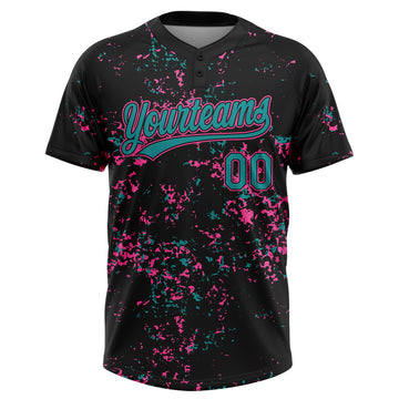 Custom Black Teal-Pink Abstract Shattered Paint Splatter Two-Button Unisex Softball Jersey