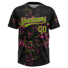 Laden Sie das Bild in den Galerie-Viewer, Custom Black Neon Green-Pink Abstract Shattered Paint Splatter Two-Button Unisex Softball Jersey
