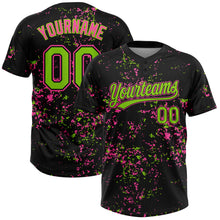 Laden Sie das Bild in den Galerie-Viewer, Custom Black Neon Green-Pink Abstract Shattered Paint Splatter Two-Button Unisex Softball Jersey
