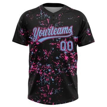 Custom Black Light Blue-Pink Abstract Shattered Paint Splatter Two-Button Unisex Softball Jersey
