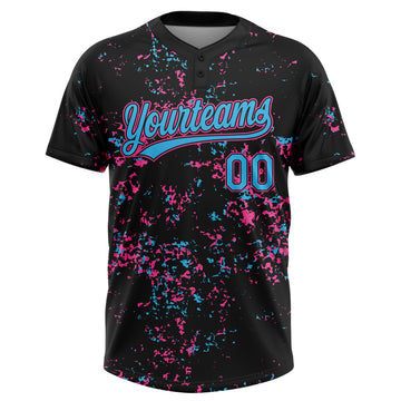 Custom Black Sky Blue Pink-Light Blue Abstract Shattered Paint Splatter Two-Button Unisex Softball Jersey
