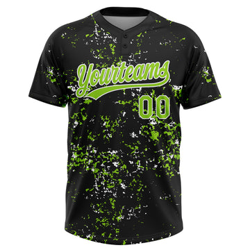 Custom Black Neon Green-White Abstract Shattered Paint Splatter Two-Button Unisex Softball Jersey