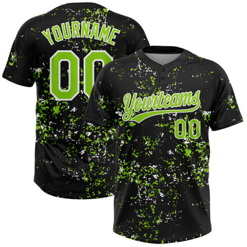 Custom Black Neon Green-White Abstract Shattered Paint Splatter Two-Button Unisex Softball Jersey
