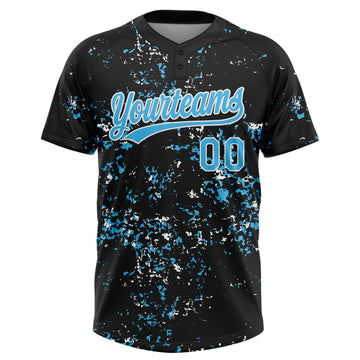Custom Black Sky Blue-White Abstract Shattered Paint Splatter Two-Button Unisex Softball Jersey