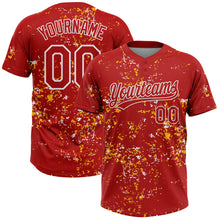 Load image into Gallery viewer, Custom Red Gold-White Abstract Shattered Paint Splatter Two-Button Unisex Softball Jersey
