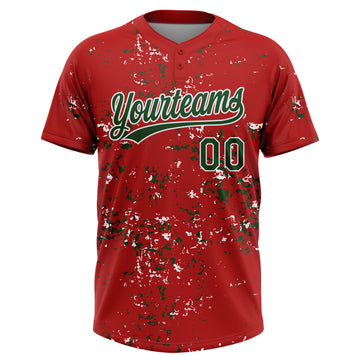 Custom Red Green-White Abstract Shattered Paint Splatter Two-Button Unisex Softball Jersey