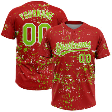 Custom Red Neon Green-White Abstract Shattered Paint Splatter Two-Button Unisex Softball Jersey