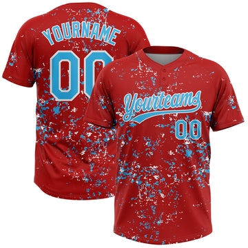 Custom Red Sky Blue-White Abstract Shattered Paint Splatter Two-Button Unisex Softball Jersey