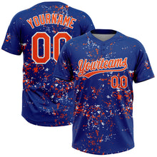 Laden Sie das Bild in den Galerie-Viewer, Custom Royal Orange-White Abstract Shattered Paint Splatter Two-Button Unisex Softball Jersey
