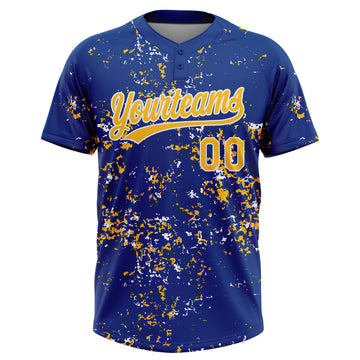 Custom Royal Gold-White Abstract Shattered Paint Splatter Two-Button Unisex Softball Jersey