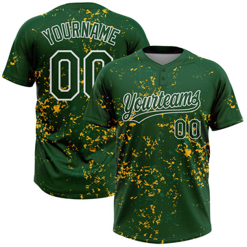 Custom Green Kelly Green Gold-White Abstract Shattered Paint Splatter Two-Button Unisex Softball Jersey