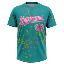 Laden Sie das Bild in den Galerie-Viewer, Custom Teal Pink Neon Green-White Abstract Shattered Paint Splatter Two-Button Unisex Softball Jersey
