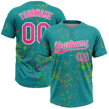 Laden Sie das Bild in den Galerie-Viewer, Custom Teal Pink Neon Green-White Abstract Shattered Paint Splatter Two-Button Unisex Softball Jersey
