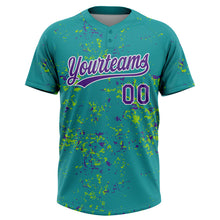 Laden Sie das Bild in den Galerie-Viewer, Custom Teal Purple Neon Green-White Abstract Shattered Paint Splatter Two-Button Unisex Softball Jersey
