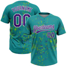 Laden Sie das Bild in den Galerie-Viewer, Custom Teal Purple Neon Green-White Abstract Shattered Paint Splatter Two-Button Unisex Softball Jersey
