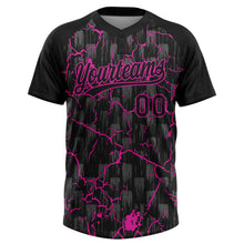 Load image into Gallery viewer, Custom Black Deep Pink-Gray Raglan Sleeves Neon Lightning Crackle Two-Button Unisex Softball Jersey
