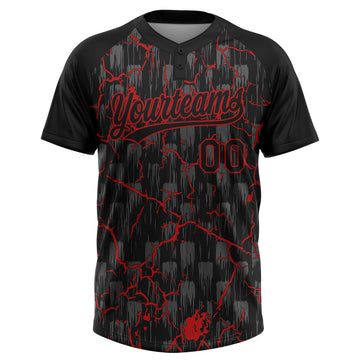 Custom Black Red-Gray Raglan Sleeves Neon Lightning Crackle Two-Button Unisex Softball Jersey