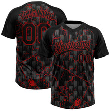 Load image into Gallery viewer, Custom Black Red-Gray Raglan Sleeves Neon Lightning Crackle Two-Button Unisex Softball Jersey
