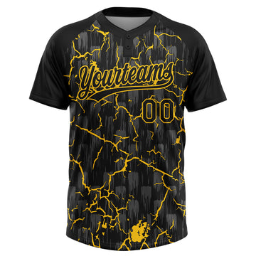 Custom Black Yellow-Gray Raglan Sleeves Neon Lightning Crackle Two-Button Unisex Softball Jersey