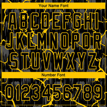 Load image into Gallery viewer, Custom Black Yellow-Gray Raglan Sleeves Neon Lightning Crackle Two-Button Unisex Softball Jersey

