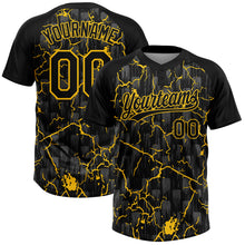 Load image into Gallery viewer, Custom Black Yellow-Gray Raglan Sleeves Neon Lightning Crackle Two-Button Unisex Softball Jersey
