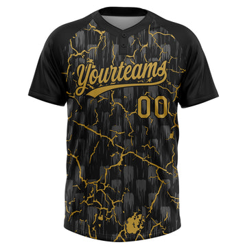 Custom Black Old Gold-Gray Raglan Sleeves Neon Lightning Crackle Two-Button Unisex Softball Jersey