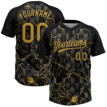 Custom Black Old Gold-Gray Raglan Sleeves Neon Lightning Crackle Two-Button Unisex Softball Jersey