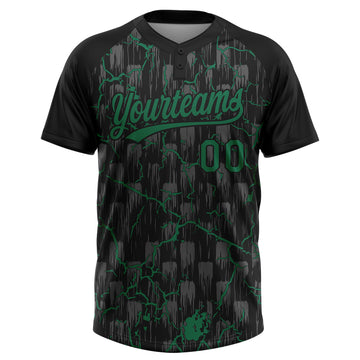 Custom Black Kelly Green-Gray Raglan Sleeves Neon Lightning Crackle Two-Button Unisex Softball Jersey