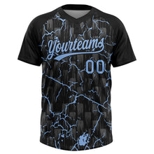 Load image into Gallery viewer, Custom Black Light Blue-Gray Raglan Sleeves Neon Lightning Crackle Two-Button Unisex Softball Jersey
