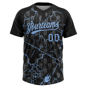 Custom Black Light Blue-Gray Raglan Sleeves Neon Lightning Crackle Two-Button Unisex Softball Jersey