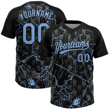 Custom Black Light Blue-Gray Raglan Sleeves Neon Lightning Crackle Two-Button Unisex Softball Jersey