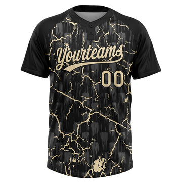 Custom Black Cream Cream-Gray Raglan Sleeves Neon Lightning Crackle Two-Button Unisex Softball Jersey