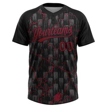 Custom Black Crimson-Gray Raglan Sleeves Neon Lightning Crackle Two-Button Unisex Softball Jersey