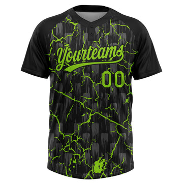 Custom Black Neon Green-Gray Raglan Sleeves Neon Lightning Crackle Two-Button Unisex Softball Jersey