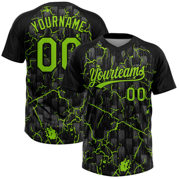 Custom Black Neon Green-Gray Raglan Sleeves Neon Lightning Crackle Two-Button Unisex Softball Jersey