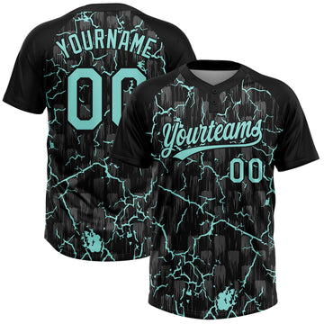 Custom Black Ice Blue-Gray Raglan Sleeves Neon Lightning Crackle Two-Button Unisex Softball Jersey
