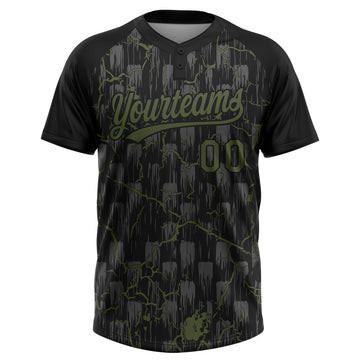 Custom Black Olive-Gray Raglan Sleeves Neon Lightning Crackle Two-Button Unisex Softball Jersey