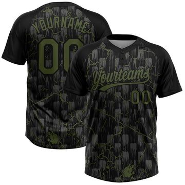 Custom Black Olive-Gray Raglan Sleeves Neon Lightning Crackle Two-Button Unisex Softball Jersey