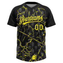 Загрузить изображение в средство просмотра галереи, Custom Black Light Yellow-Gray Raglan Sleeves Neon Lightning Crackle Two-Button Unisex Softball Jersey
