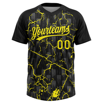 Custom Black Light Yellow-Gray Raglan Sleeves Neon Lightning Crackle Two-Button Unisex Softball Jersey
