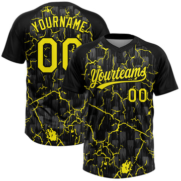 Custom Black Light Yellow-Gray Raglan Sleeves Neon Lightning Crackle Two-Button Unisex Softball Jersey