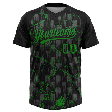 Custom Black Grass Green-Gray Raglan Sleeves Neon Lightning Crackle Two-Button Unisex Softball Jersey