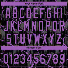 Charger l'image dans la galerie, Custom Black Medium Purple-Gray Raglan Sleeves Neon Lightning Crackle Two-Button Unisex Softball Jersey
